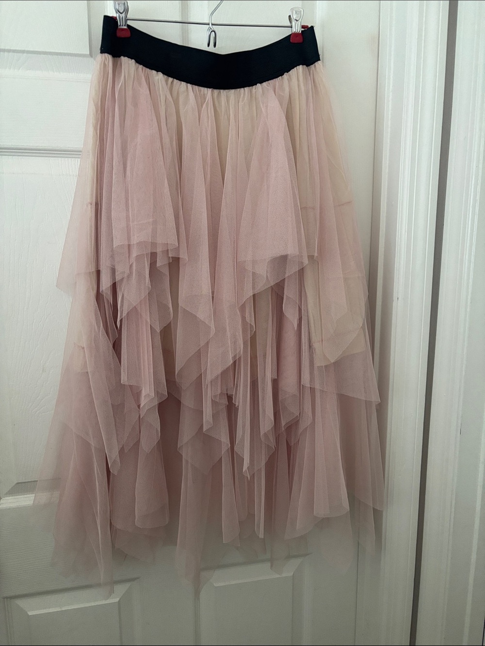 Free People Blush Pink Layered Asymmetrical Tulle Skirt with Black Waistband